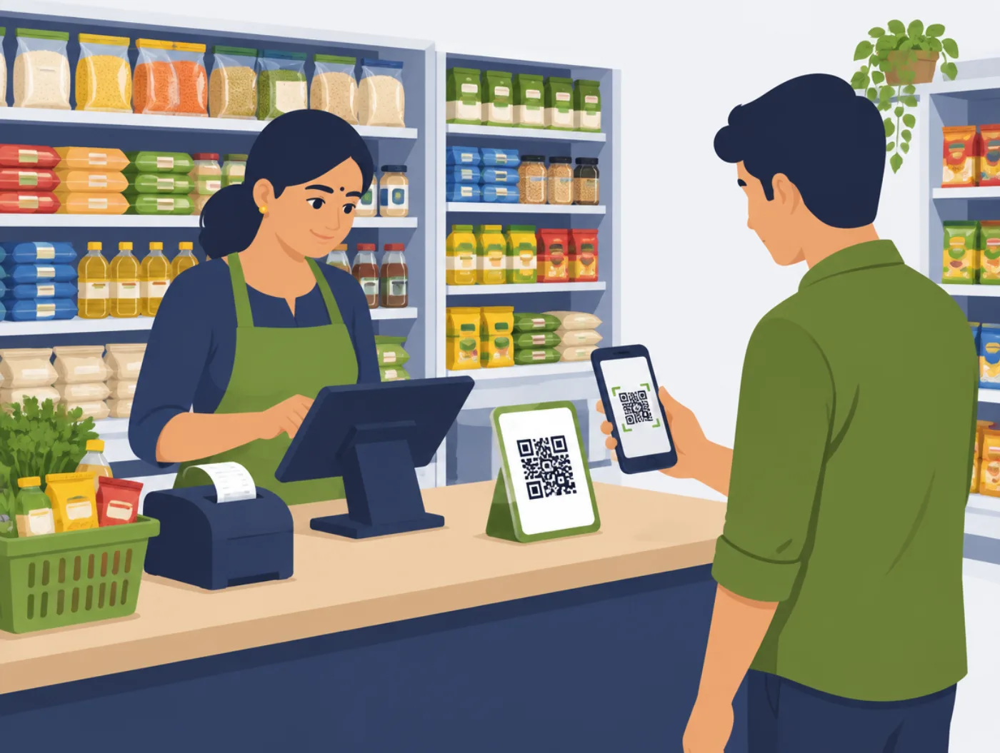 A shop owner smiling at her counter while a customer pays by UPI on a phone